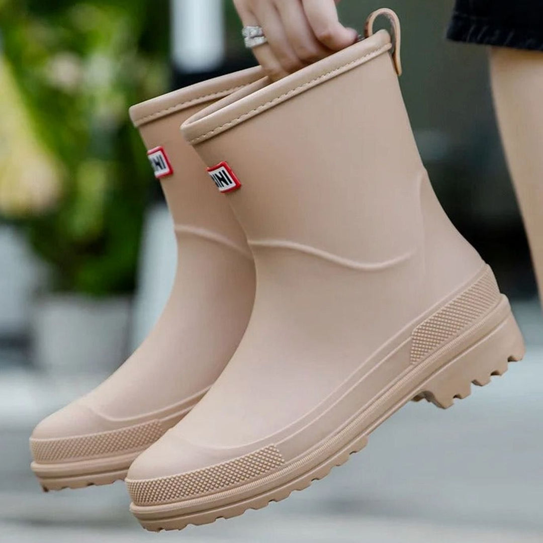 Women's Waterproof Slip-On Mid-Calf Rain Boots - Beige