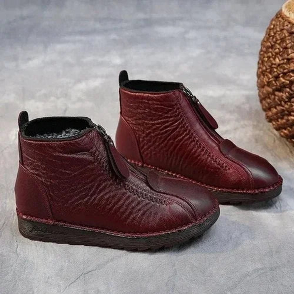 Women's Waterproof Slip-Resistant Leather Ankle Boots - Red