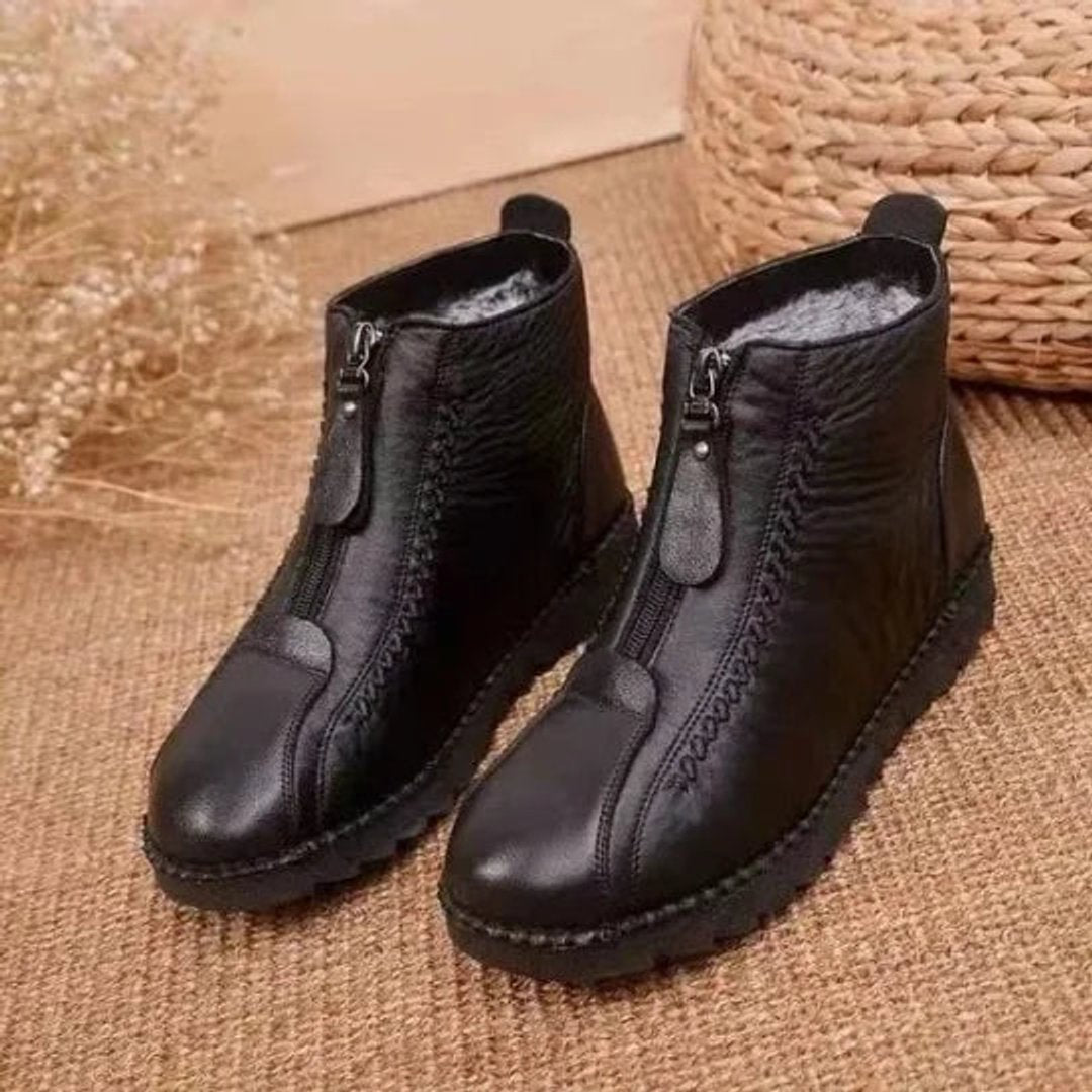 Women's Waterproof Slip-Resistant Leather Ankle Boots - Black
