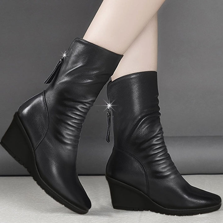 Women's Wedge Mid-Calf Side-Zip Ruched Boots - Black
