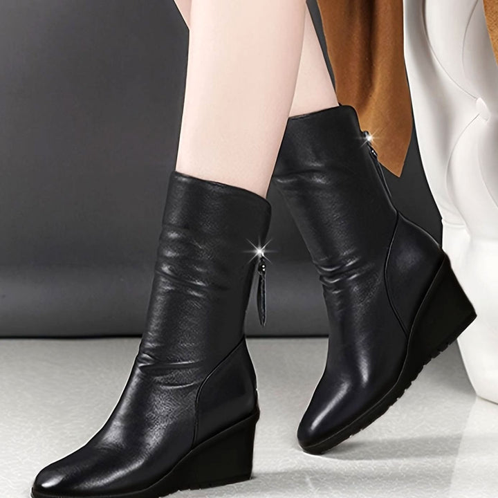 Women's Wedge Mid-Calf Side-Zip Ruched Boots