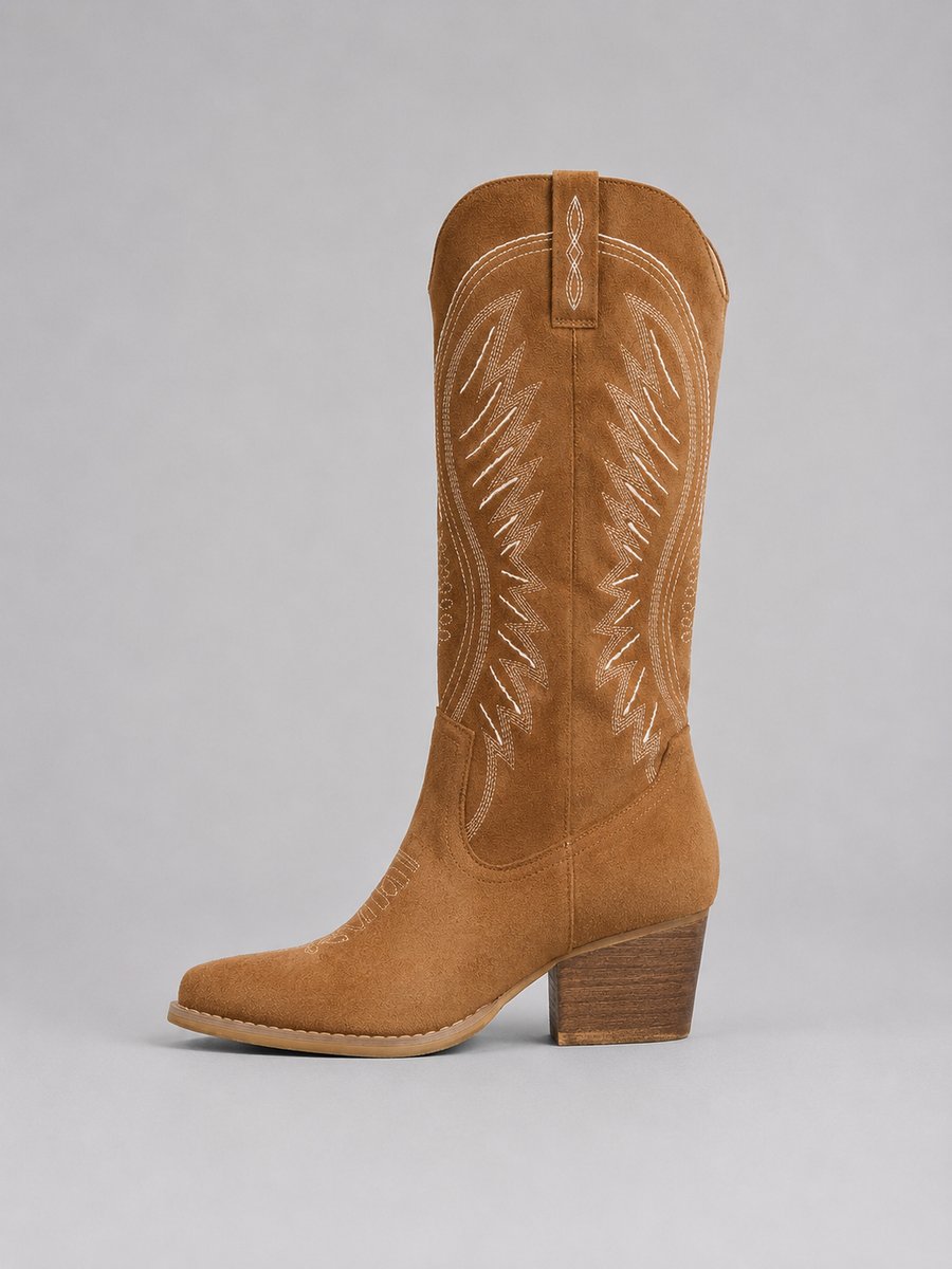 Women's Western Embroidered Suede Knee-High Cowboy Ankle Boots