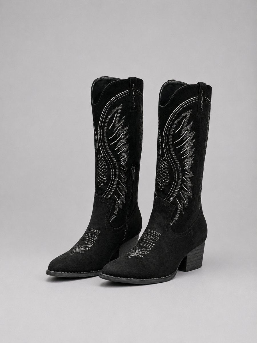 Women's Western Embroidered Suede Knee-High Cowboy Ankle Boots - Black
