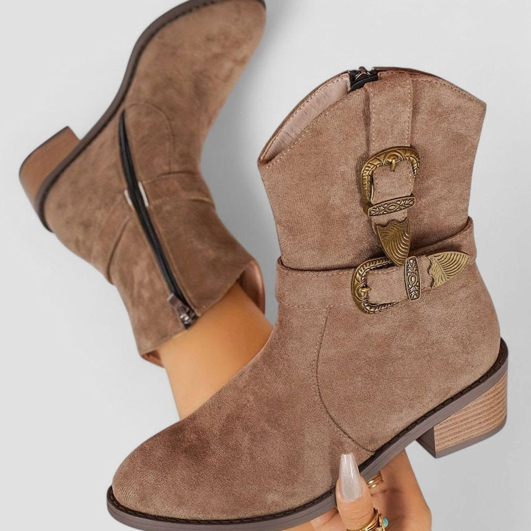 Women's Western-Style Suede Ankle Boots Buckle Block Heel - Brown