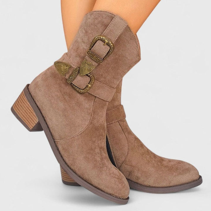 Women's Western-Style Suede Ankle Boots Buckle Block Heel