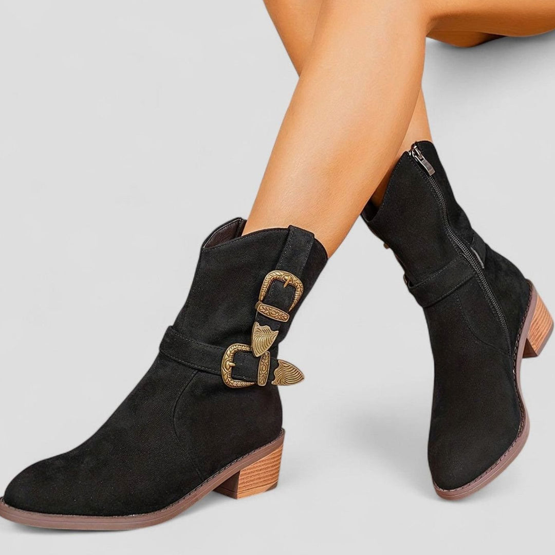 Women's Western-Style Suede Ankle Boots Buckle Block Heel