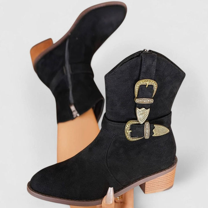 Women's Western-Style Suede Ankle Boots Buckle Block Heel - Black