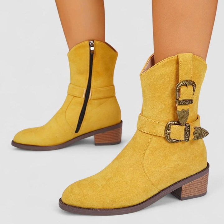 Women's Western-Style Suede Ankle Boots Buckle Block Heel