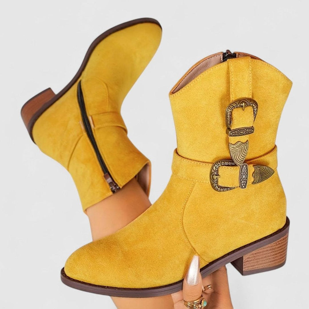 Women's Western-Style Suede Ankle Boots Buckle Block Heel - Yellow