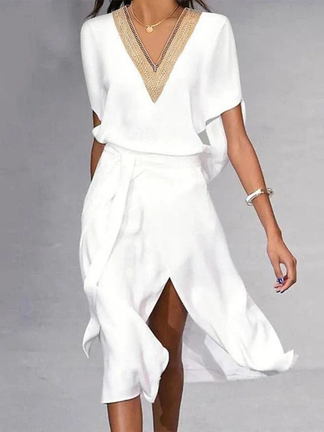 Women's White Gold-Trim V-Neck Batwing Sleeve Midi Dress