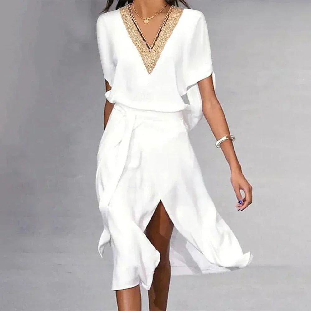 Women's White Gold-Trim V-Neck Batwing Sleeve Midi Dress - White