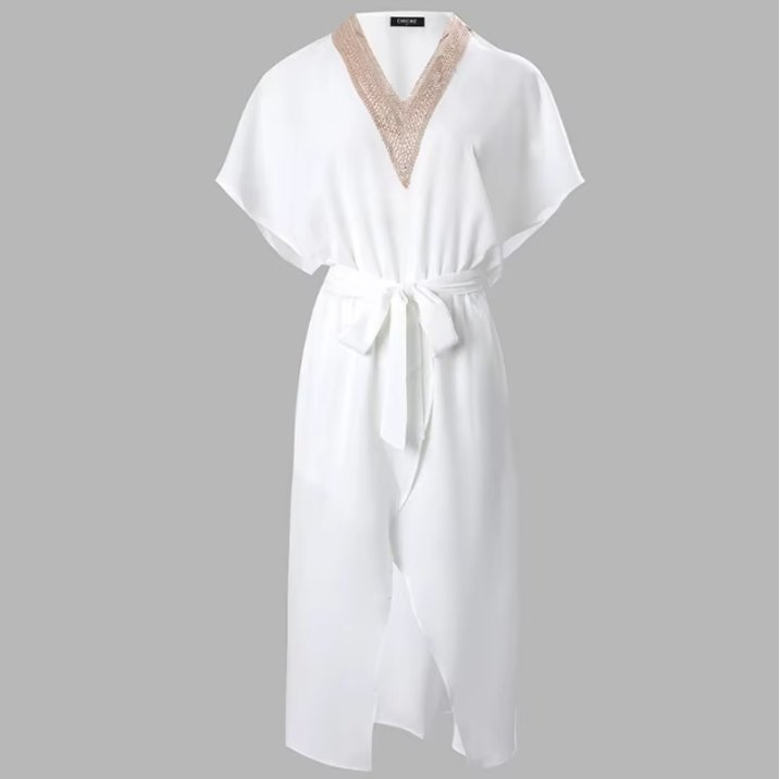 Women's White Gold-Trim V-Neck Batwing Sleeve Midi Dress
