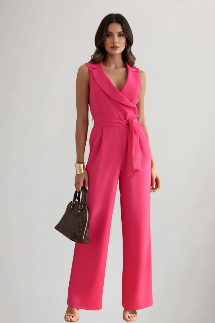 Women's Wide-Leg Blazer-Collar Tie-Waist Full-Length Jumpsuit - Fuchsia Pink