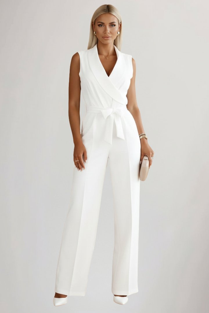 Women's Wide-Leg Blazer-Collar Tie-Waist Full-Length Jumpsuit - White
