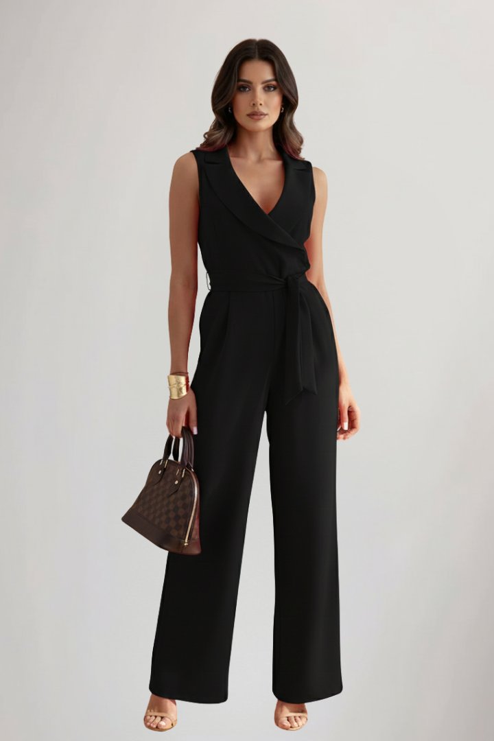 Women's Wide-Leg Blazer-Collar Tie-Waist Full-Length Jumpsuit - Black