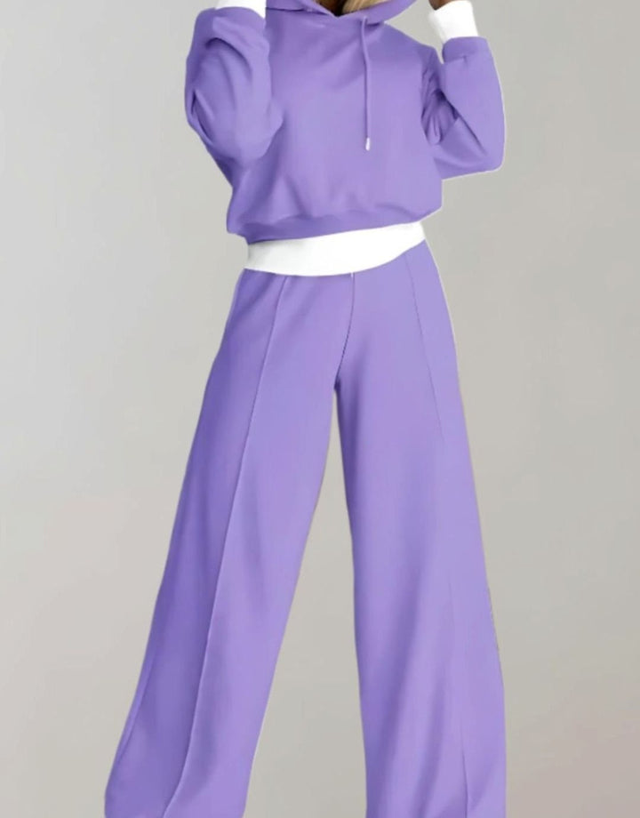 Women's Wide-Leg Drawstring Tracksuit Pants Cropped Hoodie Set - Purple