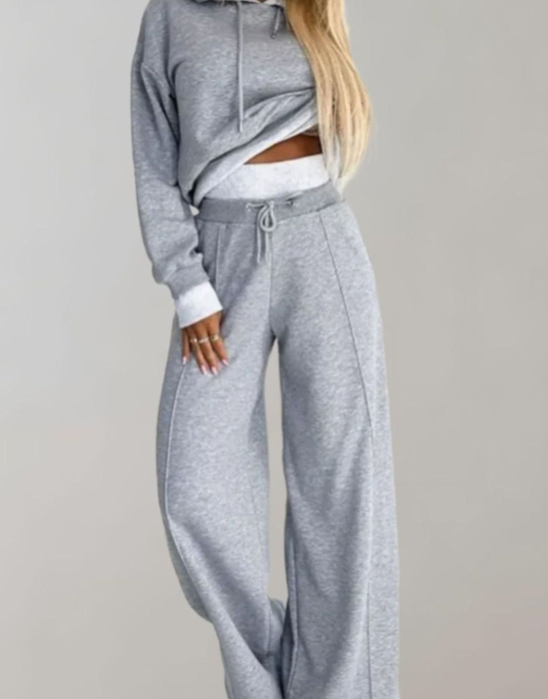 Women's Wide-Leg Drawstring Tracksuit Pants Cropped Hoodie Set - Grey