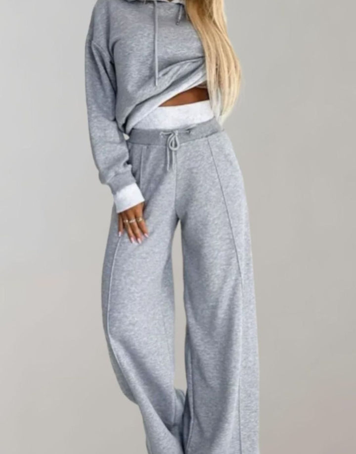Women's Wide-Leg Drawstring Tracksuit Pants Cropped Hoodie Set - Grey