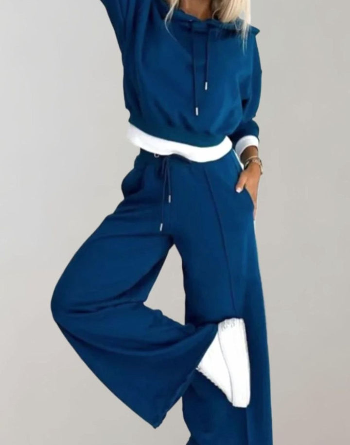 Women's Wide-Leg Drawstring Tracksuit Pants Cropped Hoodie Set - Blue