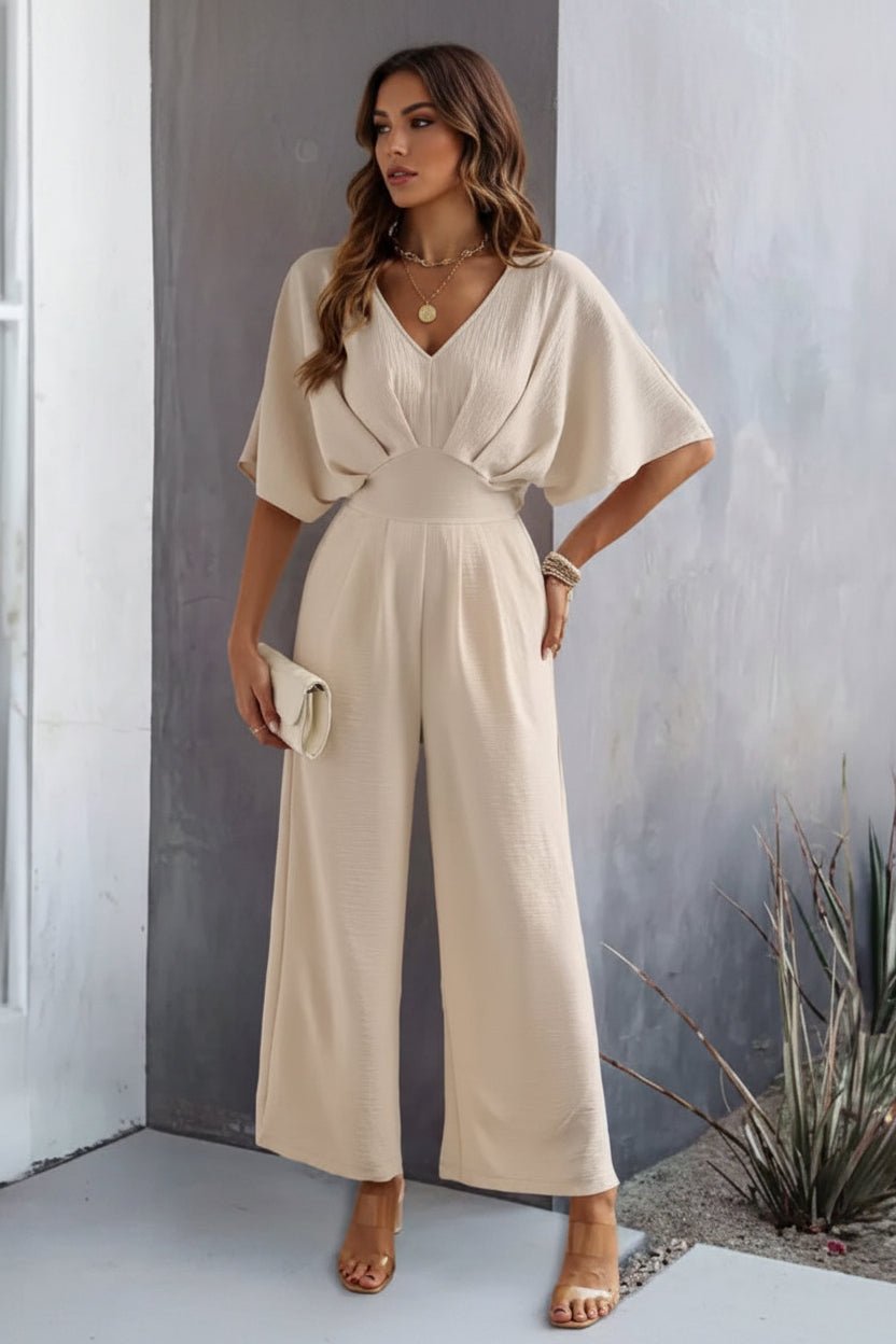 Women's Wide-Leg High-Waist Batwing-Sleeve V-Neck Jumpsuit