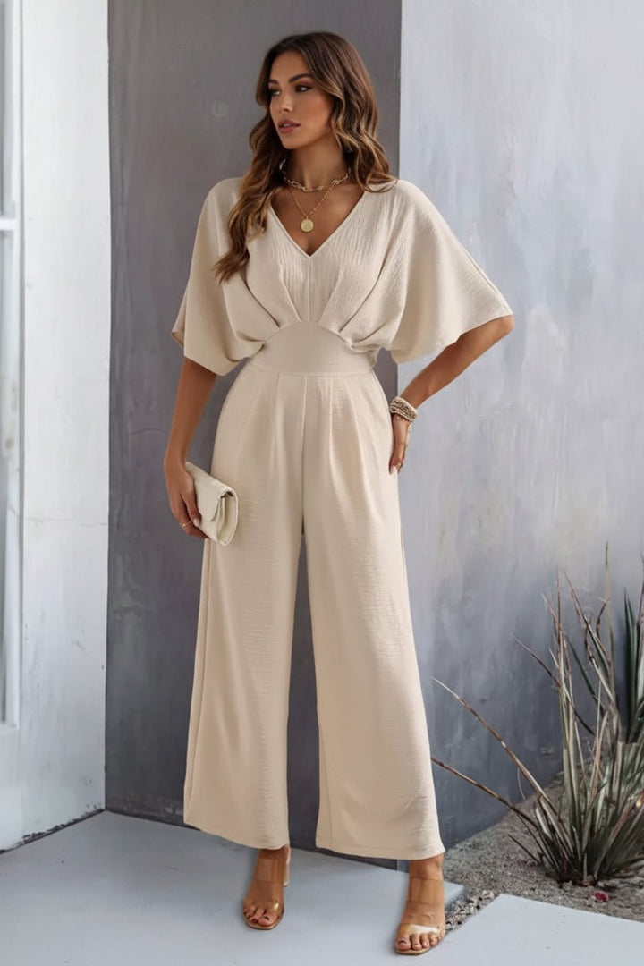 Women's Wide-Leg High-Waist Batwing-Sleeve V-Neck Jumpsuit