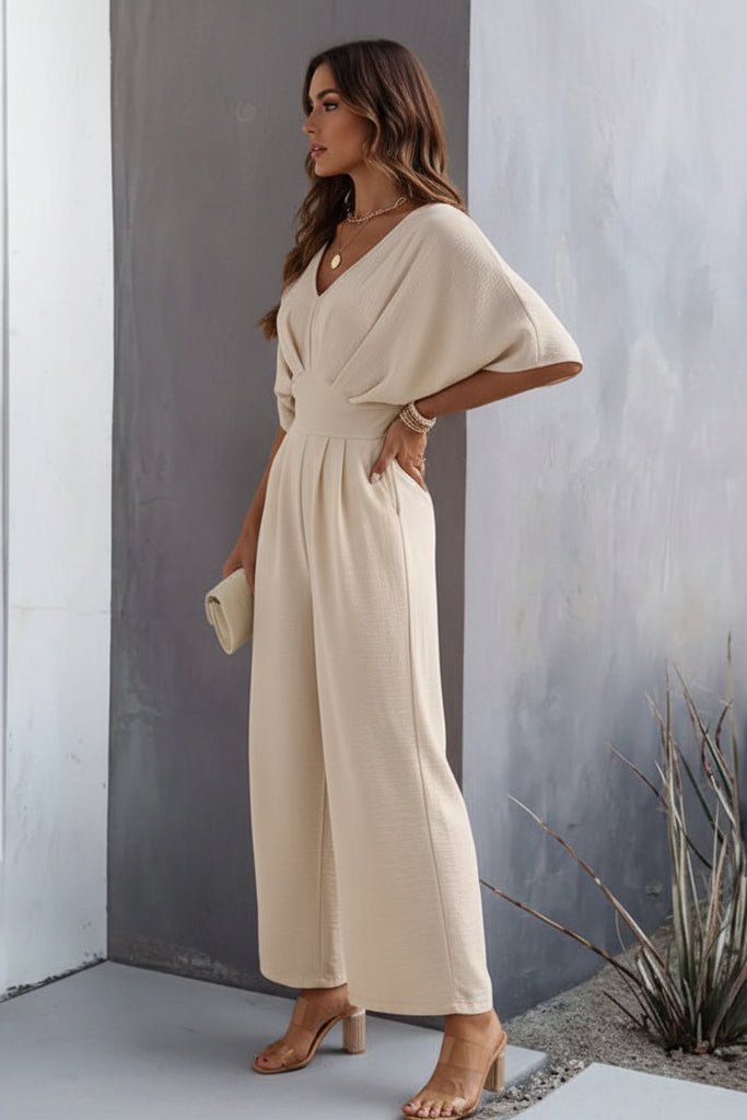 Women's Wide-Leg High-Waist Batwing-Sleeve V-Neck Jumpsuit