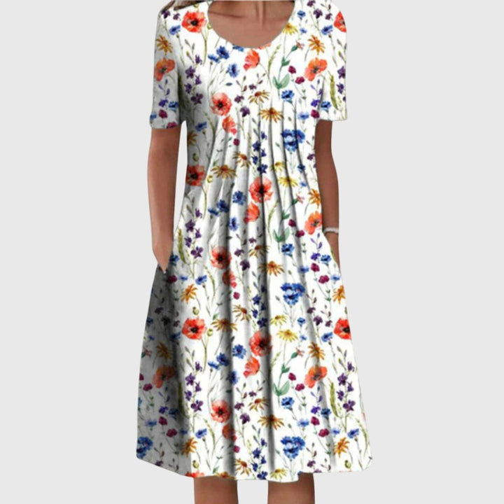 Women's Wildflower Floral Print Pleated Midi Dress Short Sleeve - Red Flowers