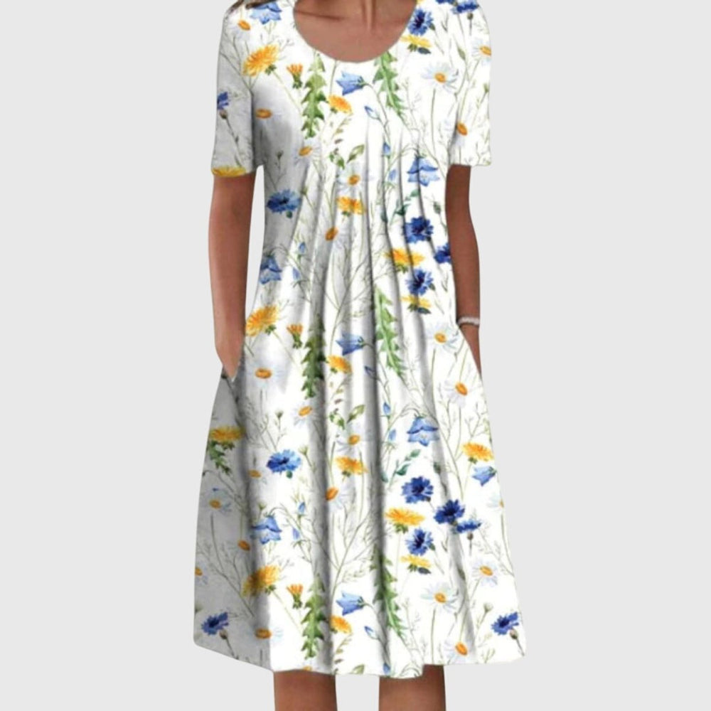 Women's Wildflower Floral Print Pleated Midi Dress Short Sleeve - Yellow Flowers