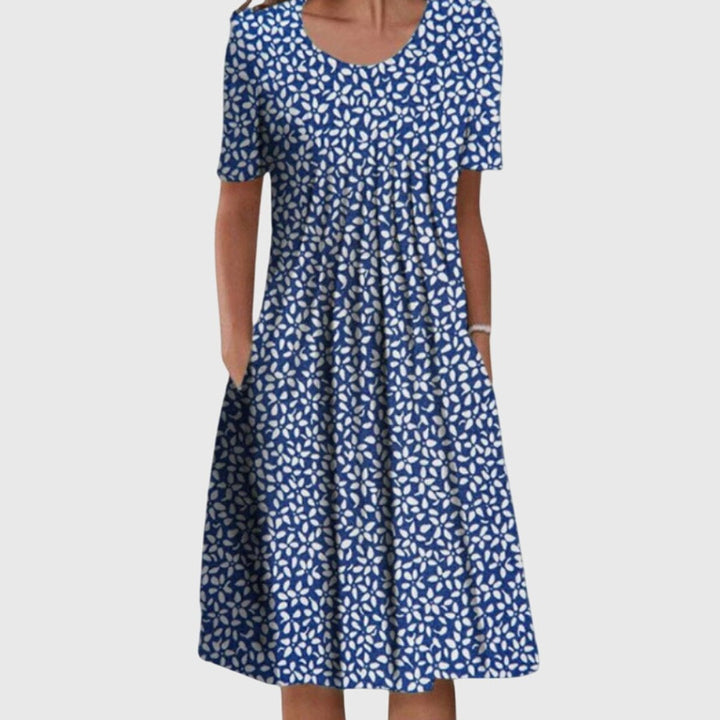 Women's Wildflower Floral Print Pleated Midi Dress Short Sleeve - Blue