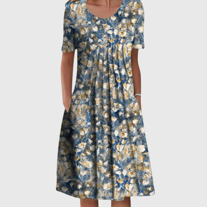 Women's Wildflower Floral Print Pleated Midi Dress Short Sleeve - Light Blue
