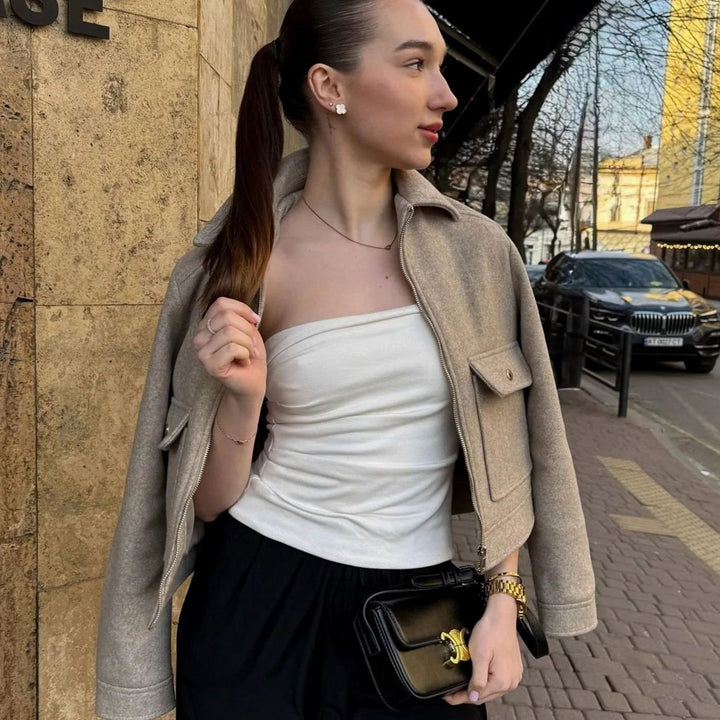 Women's Wool Bomber Jacket Zippered Cropped Outerwear