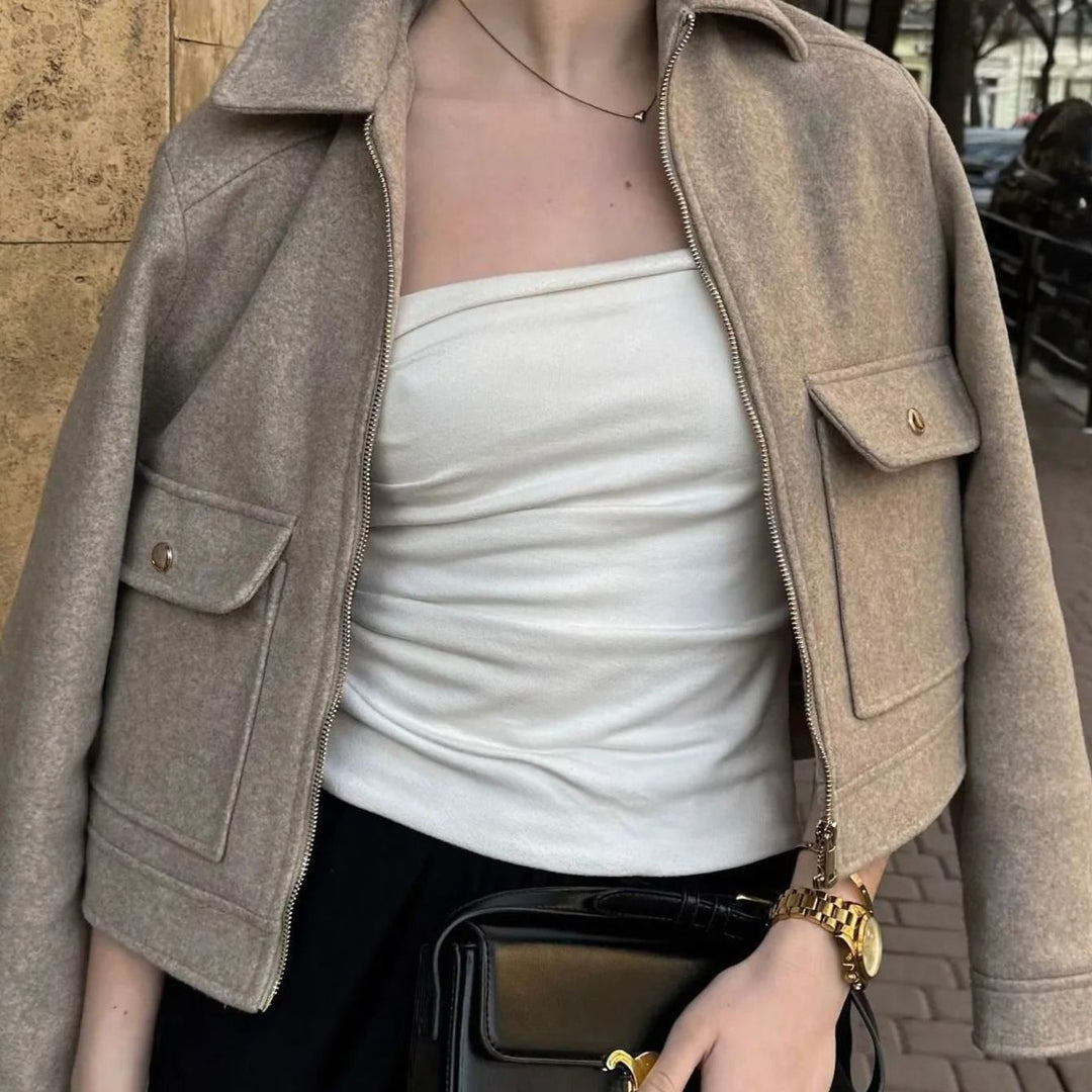 Women's Wool Bomber Jacket Zippered Cropped Outerwear