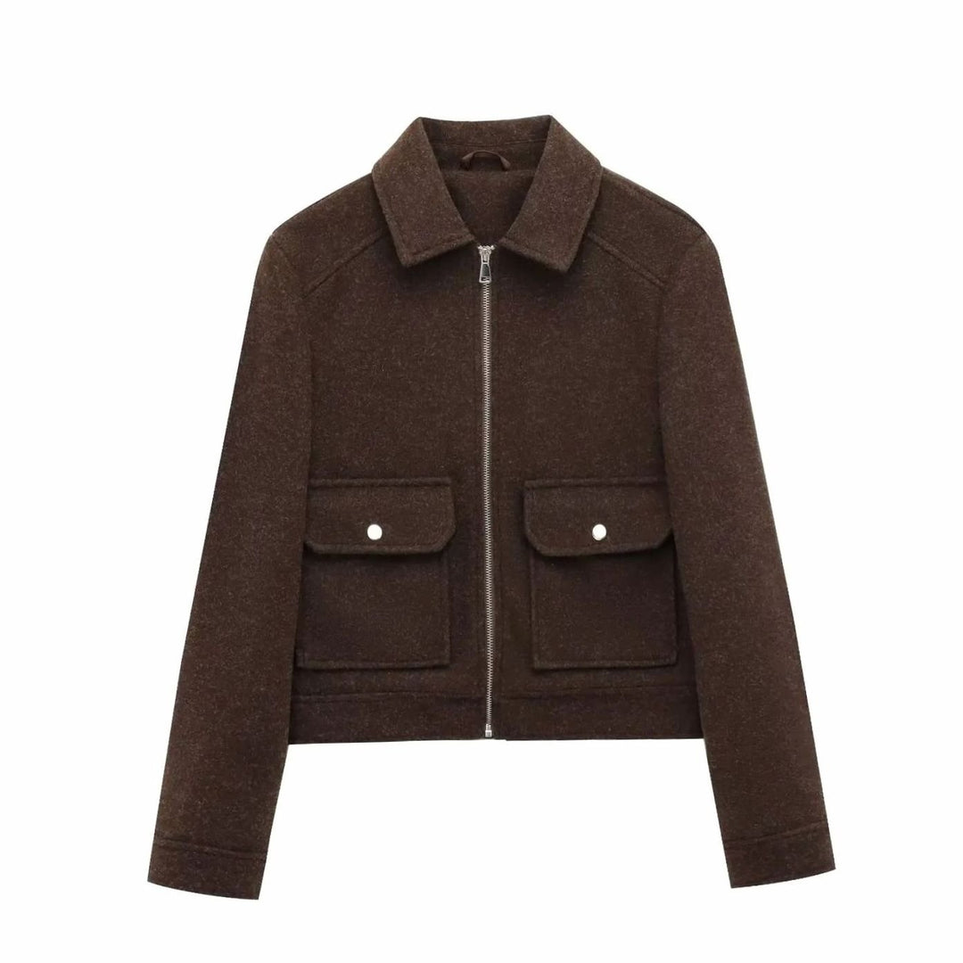 Women's Wool Bomber Jacket Zippered Cropped Outerwear - Brown