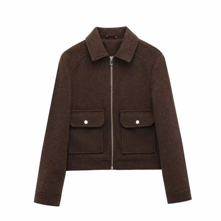 Women's Wool Bomber Jacket Zippered Cropped Outerwear - Brown