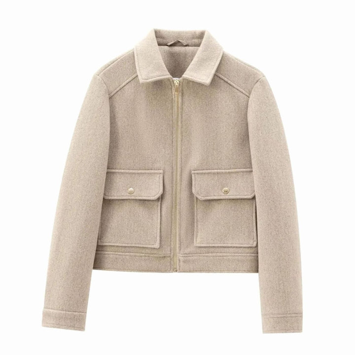Women's Wool Bomber Jacket Zippered Cropped Outerwear - Khaki