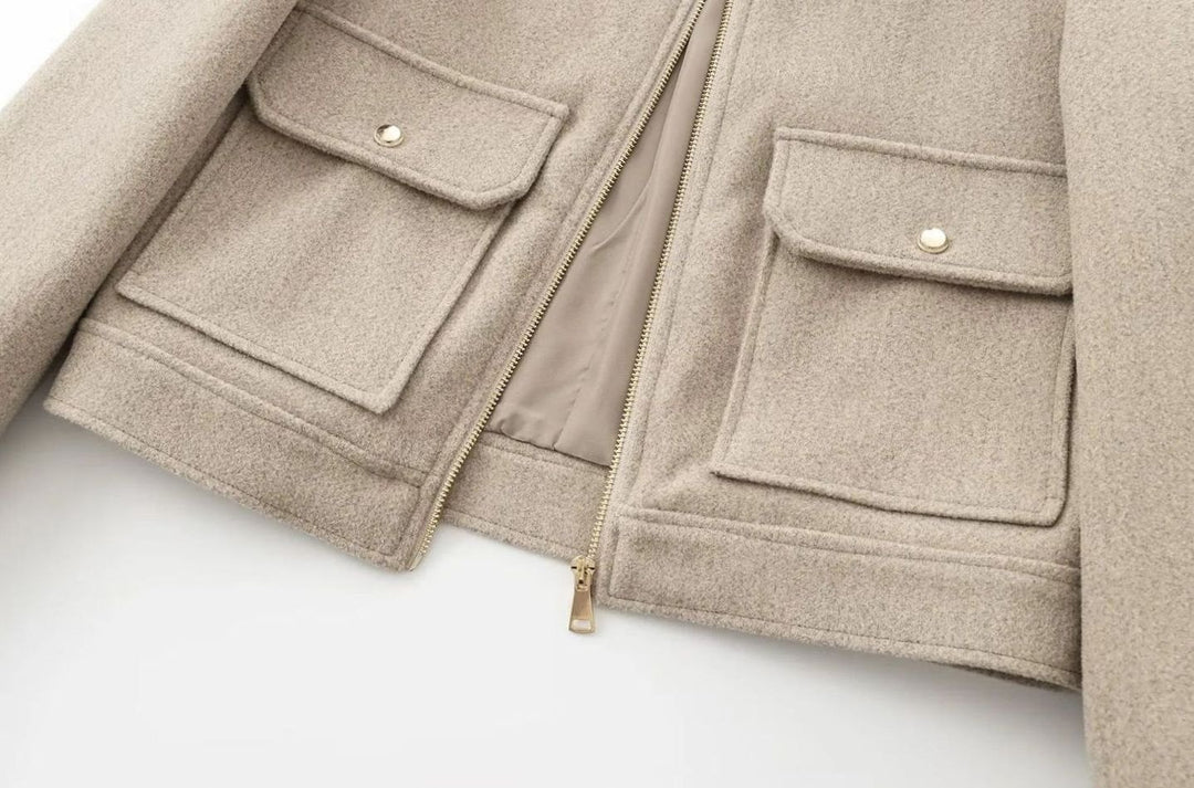 Women's Wool Bomber Jacket Zippered Cropped Outerwear