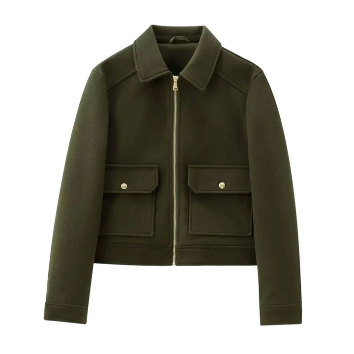 Women's Wool Bomber Jacket Zippered Cropped Outerwear - Green
