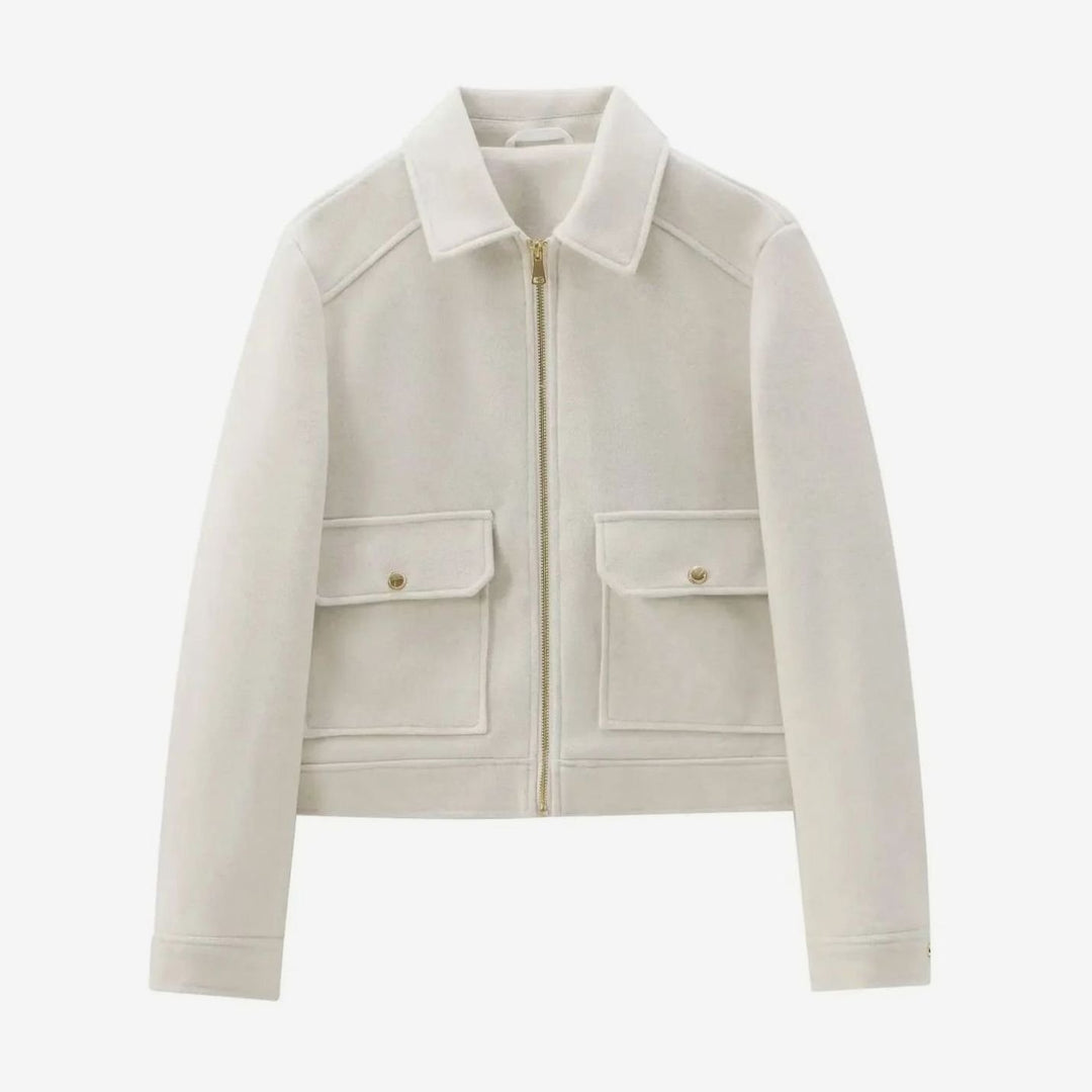 Women's Wool Bomber Jacket Zippered Cropped Outerwear - White