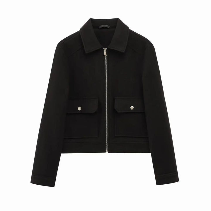Women's Wool Bomber Jacket Zippered Cropped Outerwear - Black