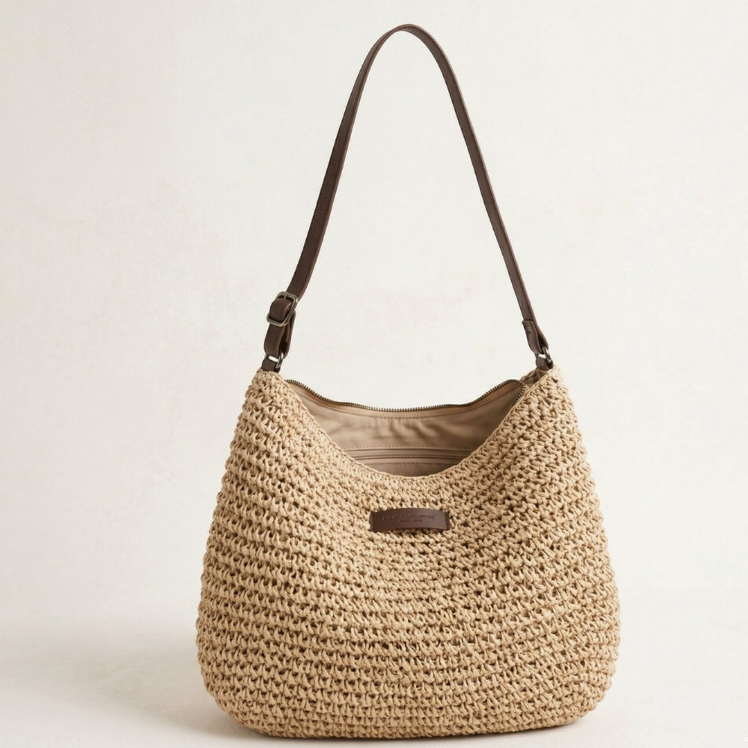 Women's Woven Raffia Zip-Top Adjustable Strap Shoulder Hobo Bag