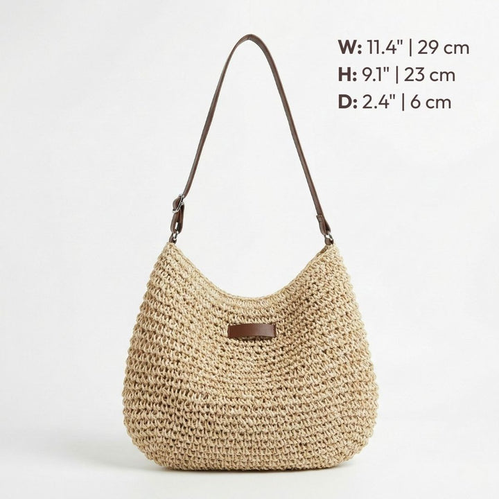 Women's Woven Raffia Zip-Top Adjustable Strap Shoulder Hobo Bag