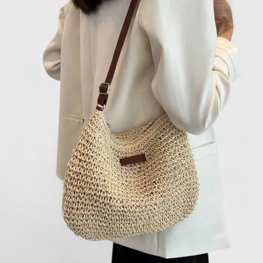 Women's Woven Raffia Zip-Top Adjustable Strap Shoulder Hobo Bag