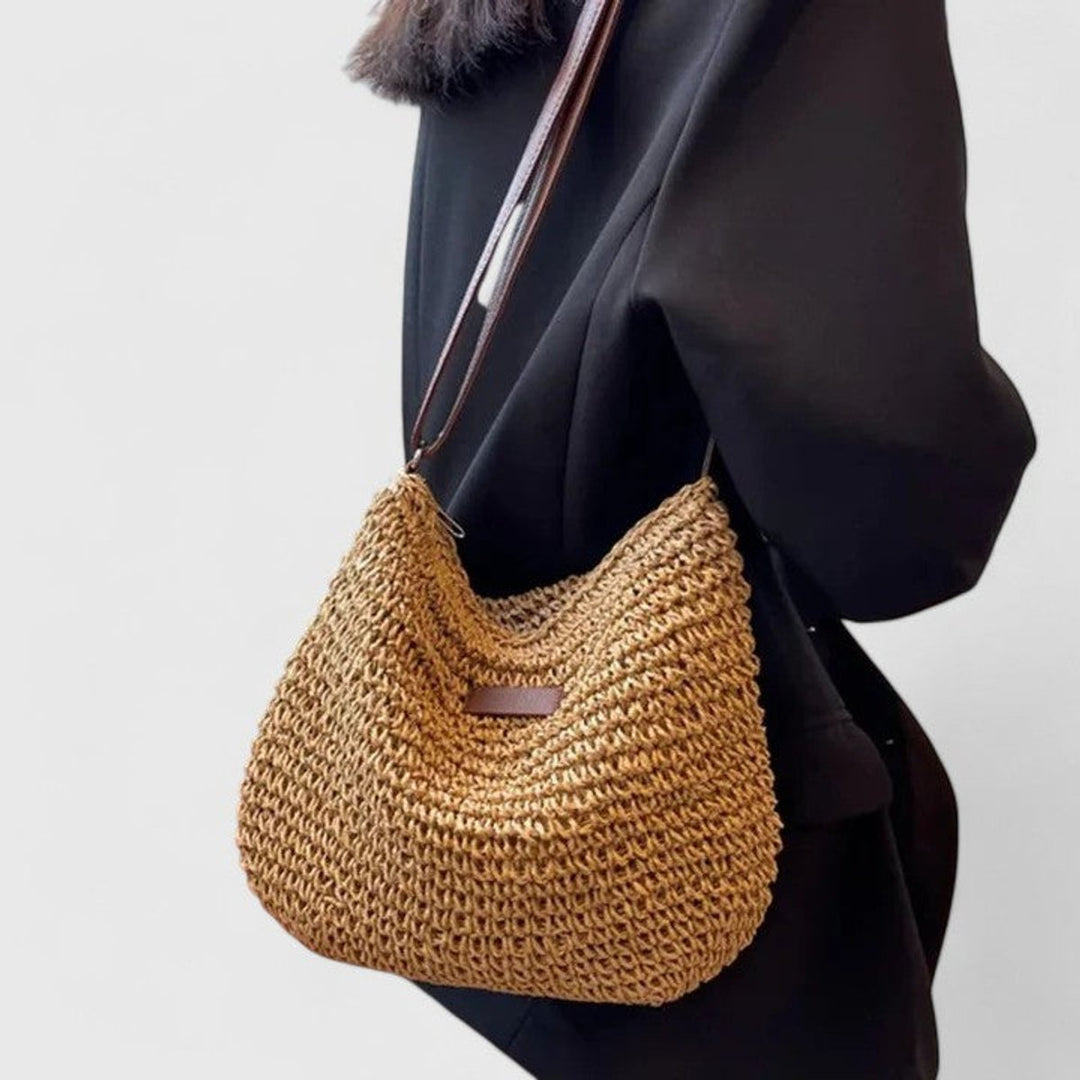 Women's Woven Raffia Zip-Top Adjustable Strap Shoulder Hobo Bag