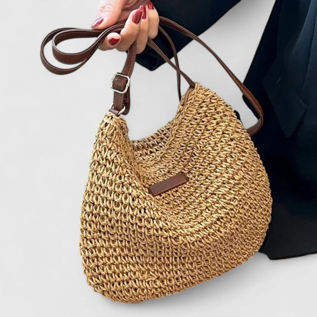 Women's Woven Raffia Zip-Top Adjustable Strap Shoulder Hobo Bag - Khaki