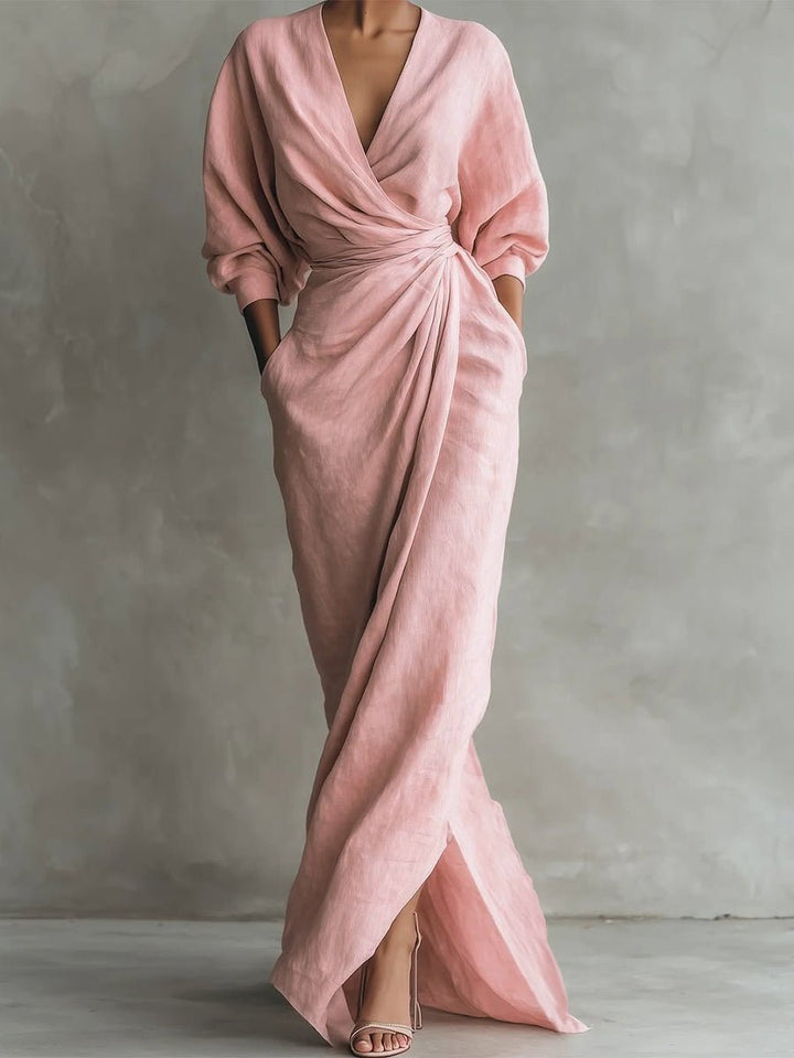 Women's Wrap Maxi Long Sleeve Dress V-Neck Ruched Side Slit - Pink
