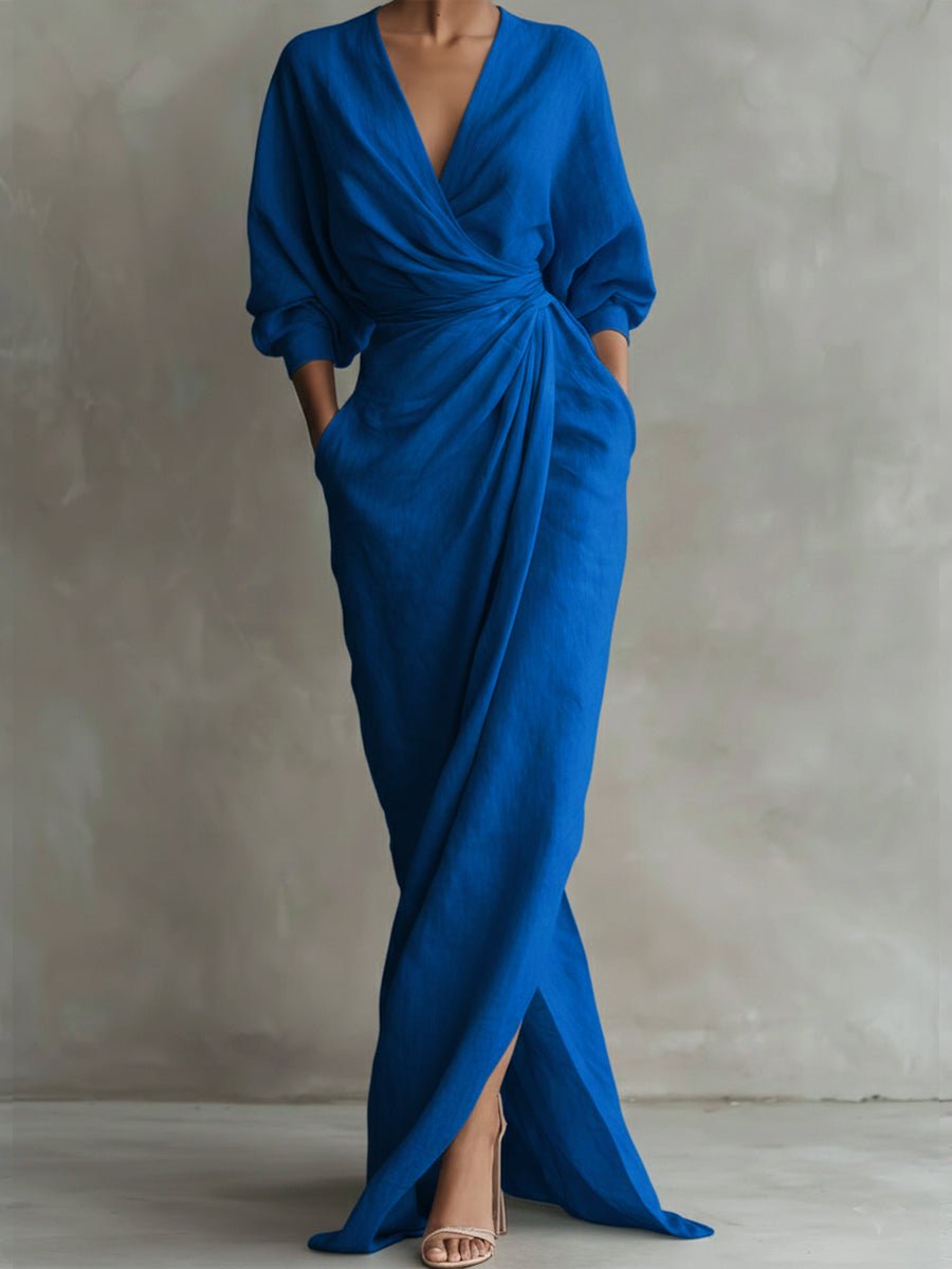 Women's Wrap Maxi Long Sleeve Dress V-Neck Ruched Side Slit - Blue