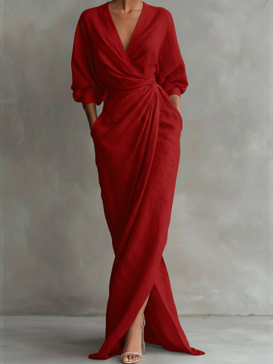 Women's Wrap Maxi Long Sleeve Dress V-Neck Ruched Side Slit - Red