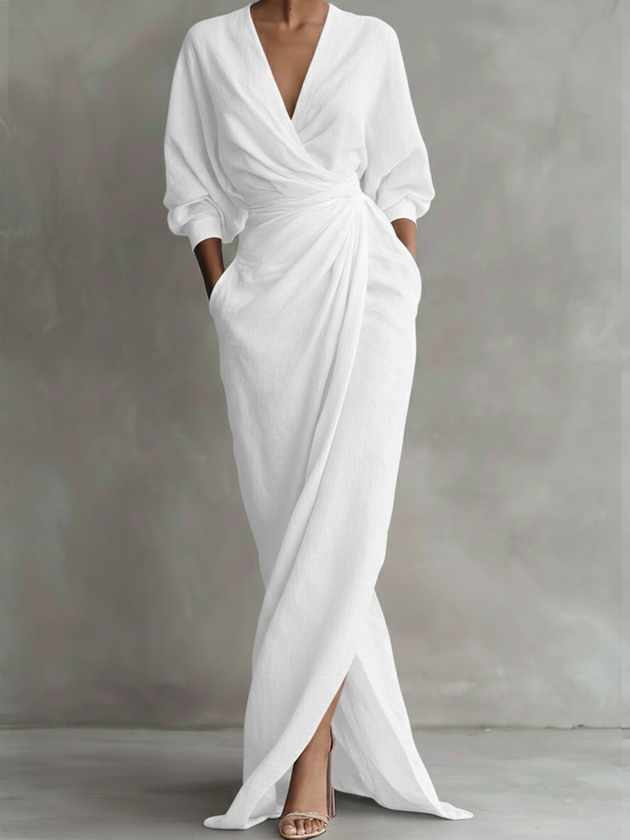 Women's Wrap Maxi Long Sleeve Dress V-Neck Ruched Side Slit - White