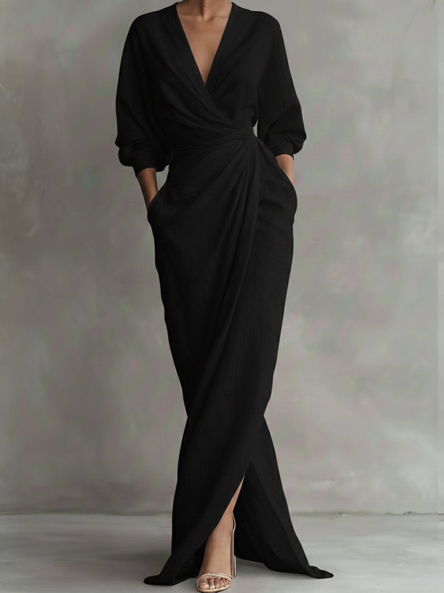 Women's Wrap Maxi Long Sleeve Dress V-Neck Ruched Side Slit - Black