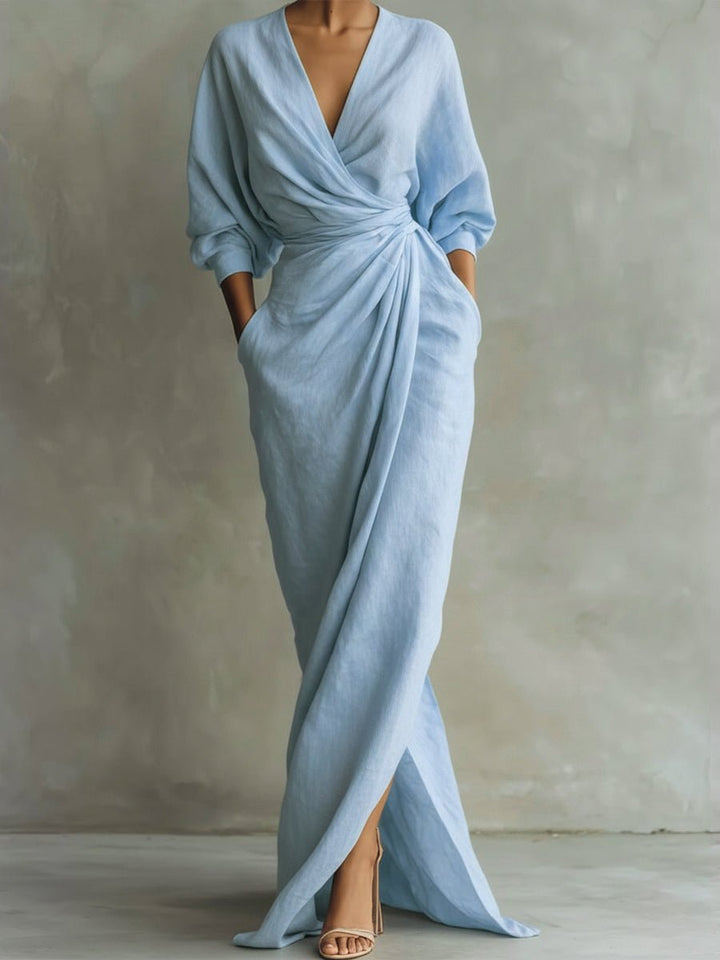 Women's Wrap Maxi Long Sleeve Dress V-Neck Ruched Side Slit - Light Blue